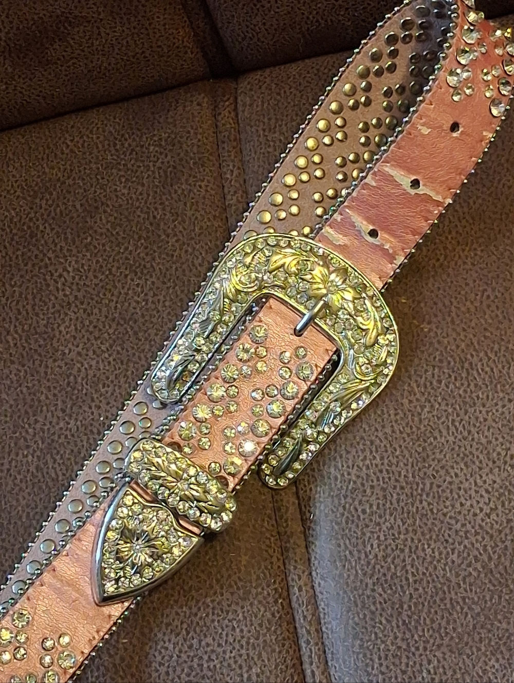 Rhinestone Studded Western Belt With Large Buckle Metallic Pink 32 To 36 Inches